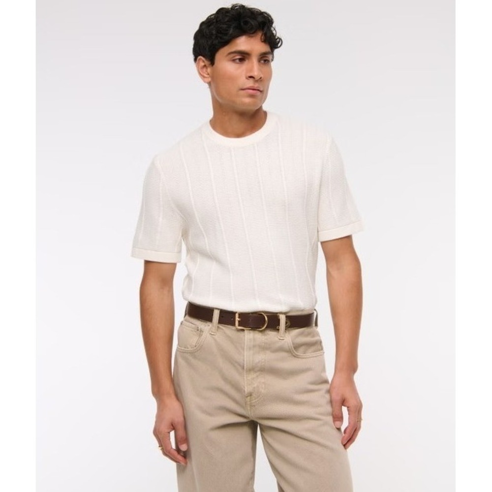 Abercrombie & Fitch Men's Stitched Sweater Knit Tee Cream XL Fred Warner Preppy
